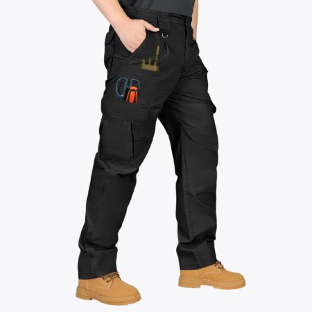 Men's tactical work pants with multiple tool pockets in black, designed for durability and functionality.
