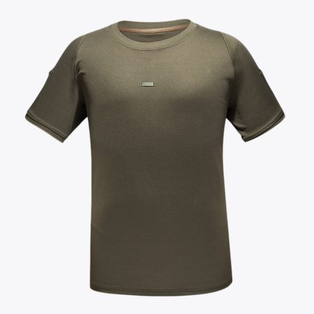 Front view of a men's green quick-drying tactical T-shirt with a round neckline and minimalistic design, suitable for outdoor activities and workouts