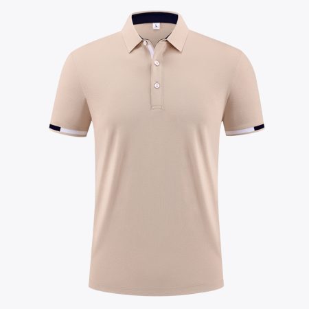 full view of a khaki cotton polo shirt with a standard collar and button placket, displaying its simple and clean design