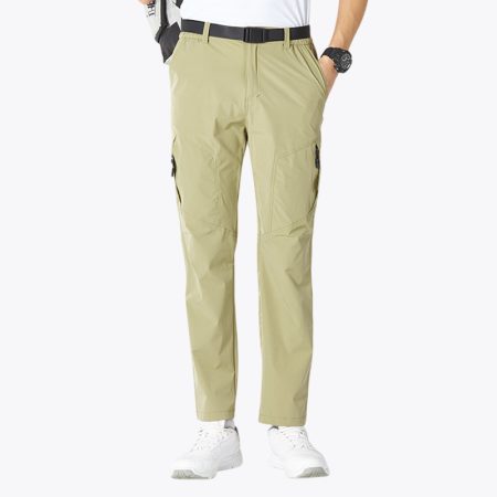 Simmerui Lightweight Quick-Dry Golf Pants for Men in khaki with a belt, front view