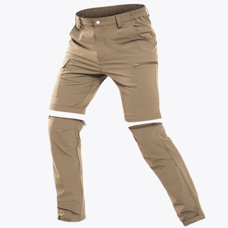 khaki convertible pants with zip-off design, showcasing the pant legs detachable feature.