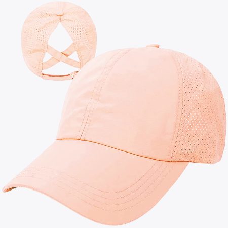 water pink mesh baseball cap with adjustable back, featuring crisscross design for ponytail access