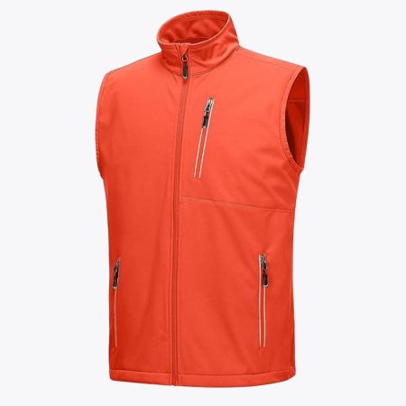 Men's orange windproof lightweight golf vest with multiple zippered pockets