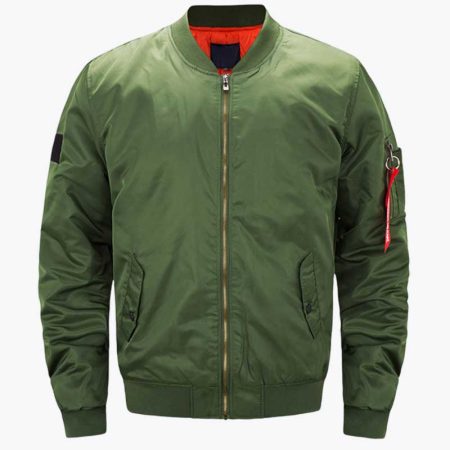 Army green bomber flight jacket for men with zip closure, ribbed cuffs and collar, and front pockets