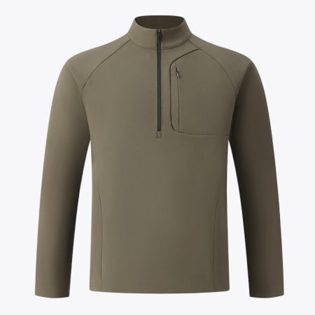 Men's quick-drying sports outdoor t-shirt in army green with half-zip collar and pocket