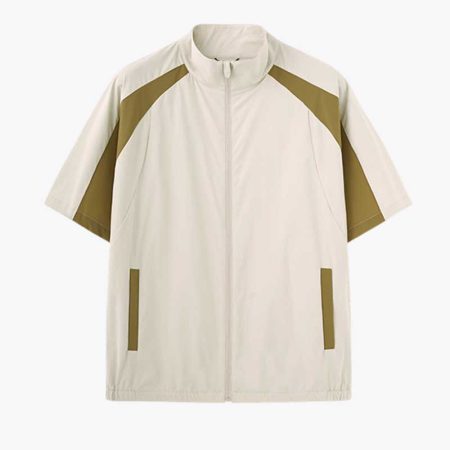 Beige and olive two-tone short-sleeve jacket with stand collar and front zipper for men.