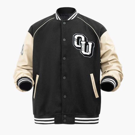 Black varsity jacket with beige sleeves and ribbed cuffs, featuring a snap button and front pockets