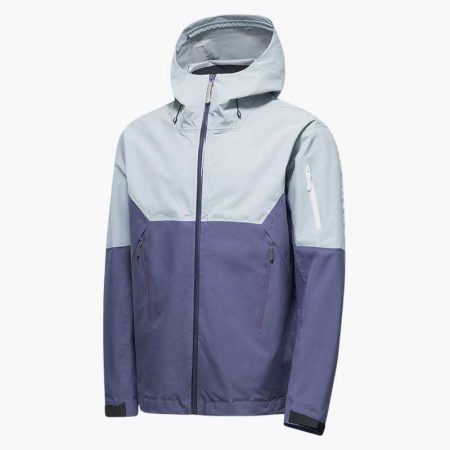 Simmerui men's waterproof lightweight jacket with two-tone color design, featuring a hood and multiple zippered pockets in purple and light blue.