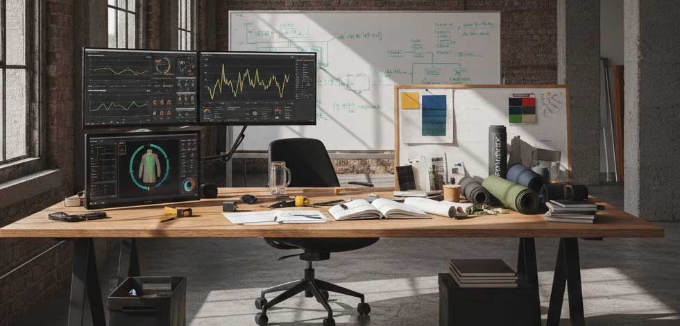 A workspace with multiple screens, planning tools, and fabric samples used for designing extreme weather outdoor apparel