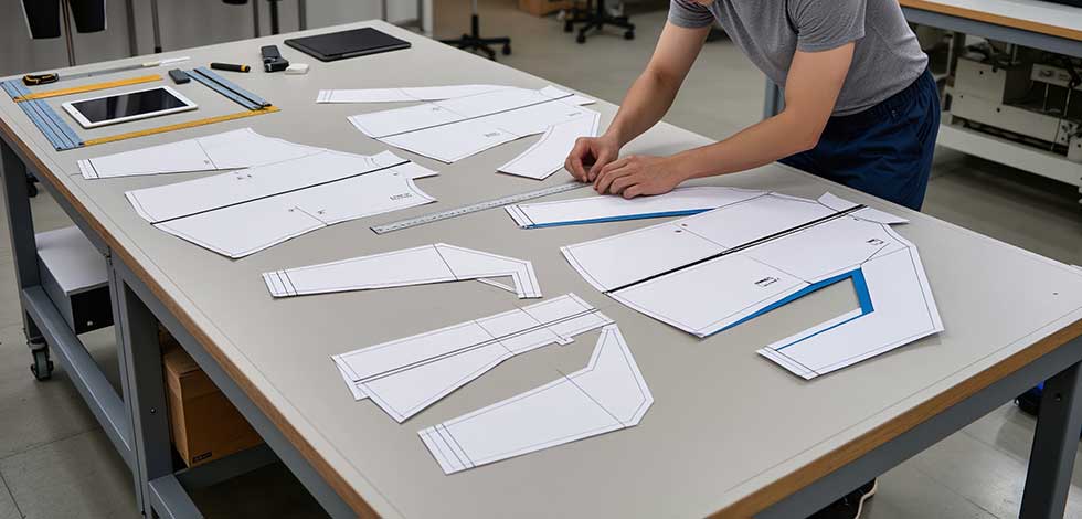 A designer working on pattern pieces for extreme weather outdoor apparel, ensuring proper fit and functionality