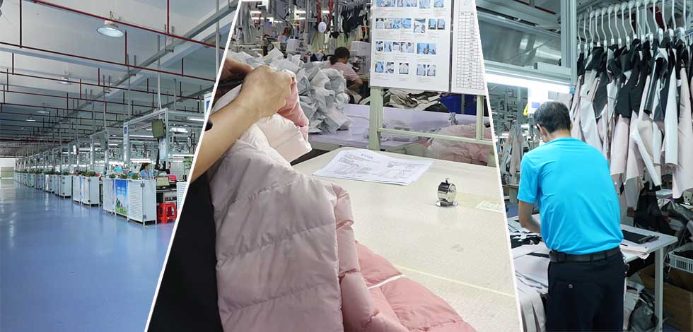 Production line and quality check process in outdoor apparel factory.