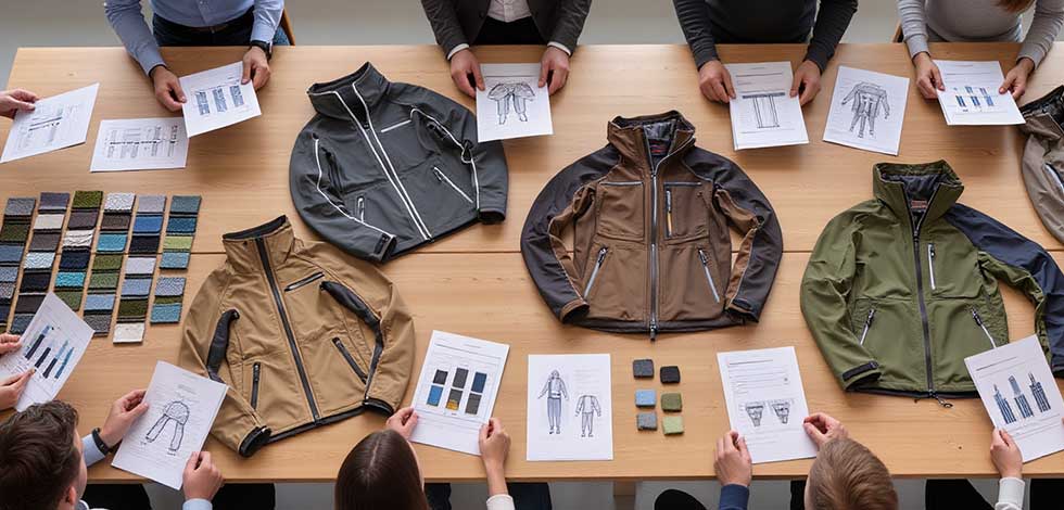 A group of designers and manufacturers collaborating on the development of technical outdoor apparel, with fabric swatches and blueprints on display.