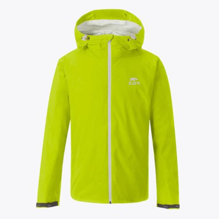 Simmerui men's 2.5-layer waterproof jacket in fluorescent green, featuring an adjustable hood, front zipper, and ergonomic design for maximum comfort.