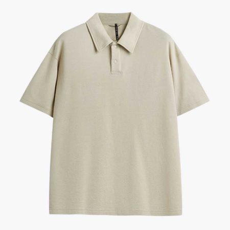 Men's khaki polo shirt with short sleeves and a classic collar design.