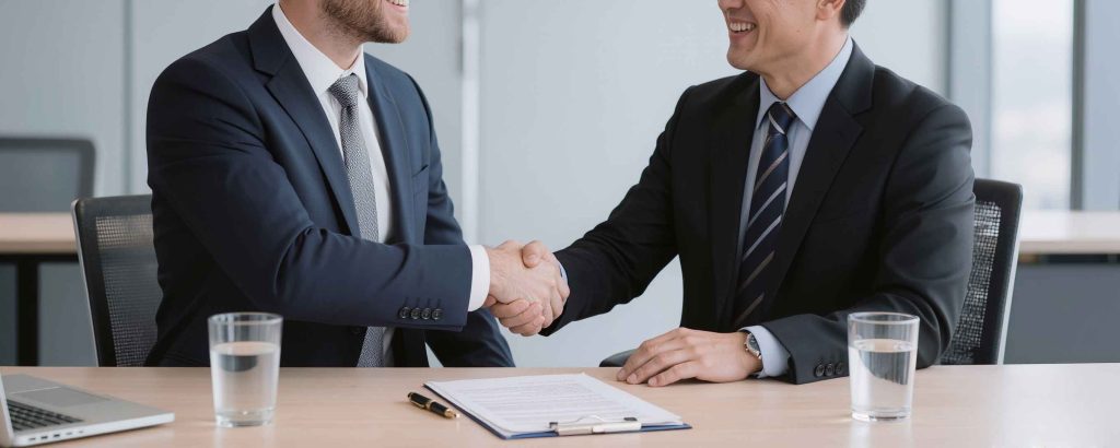 Business professionals shaking hands, representing partnership and collaboration