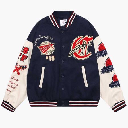 Men's baseball jacket with red and navy-blue sleeve patches, featuring a retro varsity design