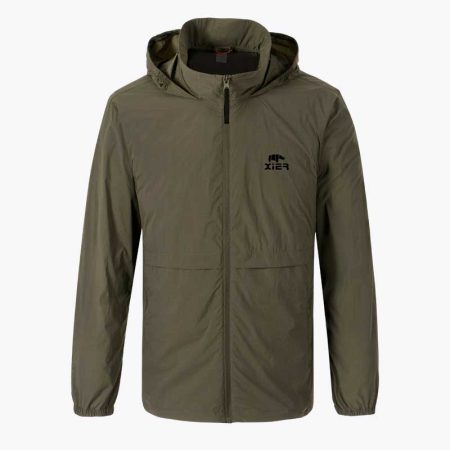 Simmerui men's water-resistant stretch jacket in olive green, featuring a hood, front zipper, and a sleek design with a logo on the chest