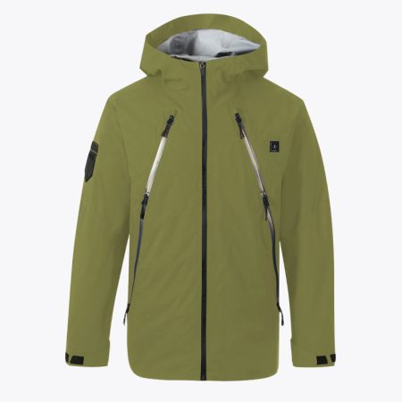 Simmerui men's waterproof hardshell jacket in olive green, featuring a hood, zippered front pockets, and sleek design ideal for outdoor protection and performance.