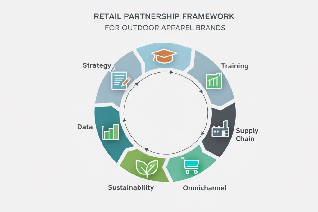 Infographic illustrating the retail partnership framework for B2B outdoor apparel brands to build strategic collaborations