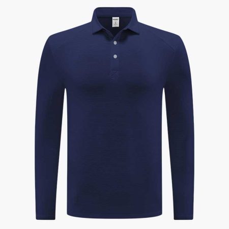 Men's long sleeve royal blue polo shirt with a classic collar and sleek design.