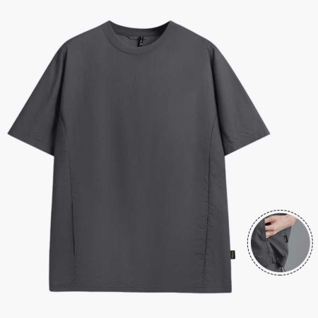 Gray short-sleeved T-shirt with simple design for men, featuring a round neckline and relaxed fit