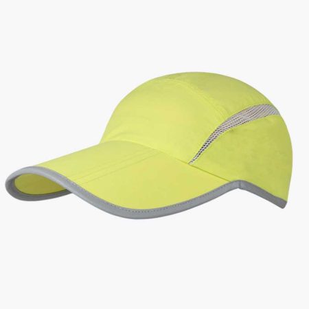 Side view of a green cap with mesh panels, designed for breathability and comfort