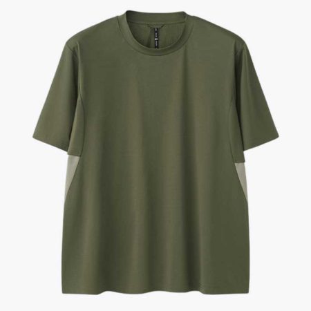 Front view of a men's olive green t-shirt with a round neck and contrasting beige side panels