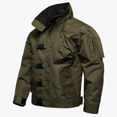 Military style multi-pocket jacket in olive green – A rugged, military-inspired jacket with multiple functional pockets and adjustable buckles for a tactical look.