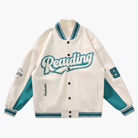 Simmerui men's varsity jacket with 'Reading' embroidery and teal sleeves, featuring snap buttons and ribbed collar.