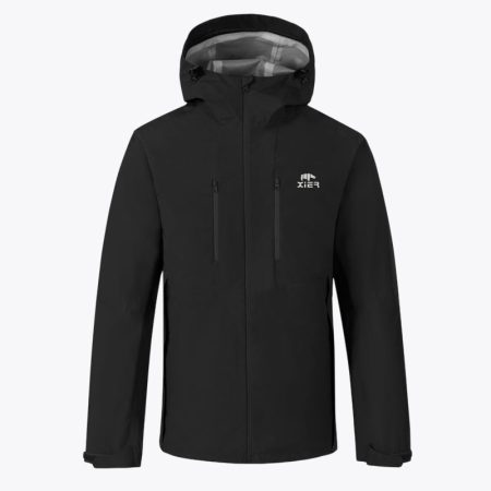 Simmerui men's hard shell waterproof jacket in black, featuring a hood, dual zippered front pockets, and a sleek design for outdoor weather protection.