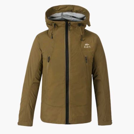 Simmerui men's performance shell jacket in brown, featuring a hood, front zipper closure, and dual zippered pockets for a sleek outdoor look