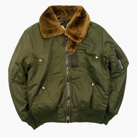 Simmerui men's quilted bomber jacket in green with fur collar, front zipper closure, and side pockets