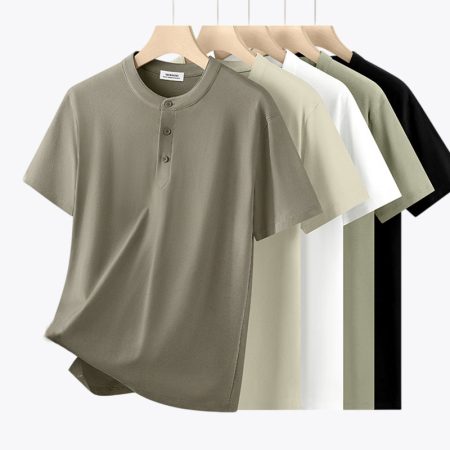 Men's Henley short sleeve t-shirts in different colors hanging on display.