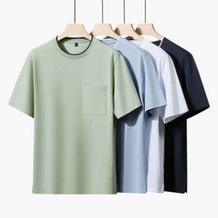 Men's mesh crew neck t-shirts available in multiple colors, displayed hanging in a collection.