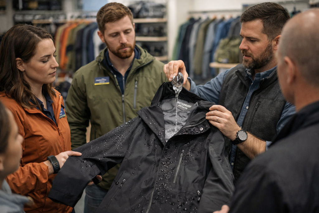 Retail training session for outdoor apparel brands, focusing on product knowledge and enhancing sell-through performance