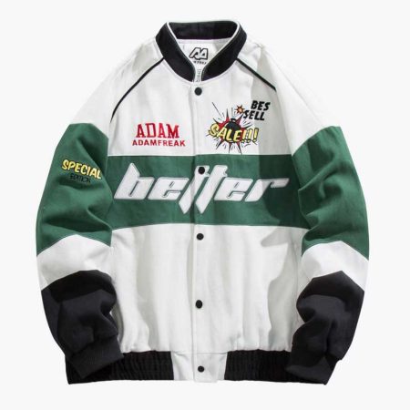 Front view of the Simmerui Graphic Racing Bomber Jacket for Men featuring bold graphic design in black, green, and white