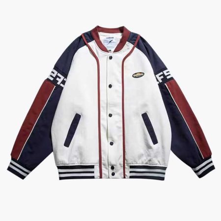 Stylish retro bomber jacket for men with color-blocked design and varsity elements.