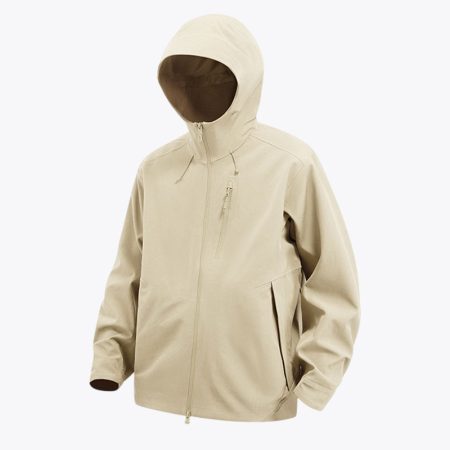 Simmerui apricot seamless softshell outdoor jacket with hood, front view