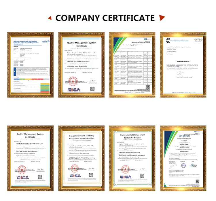 Certificates of quality, safety, and environmental management for outdoor apparel manufacturing company