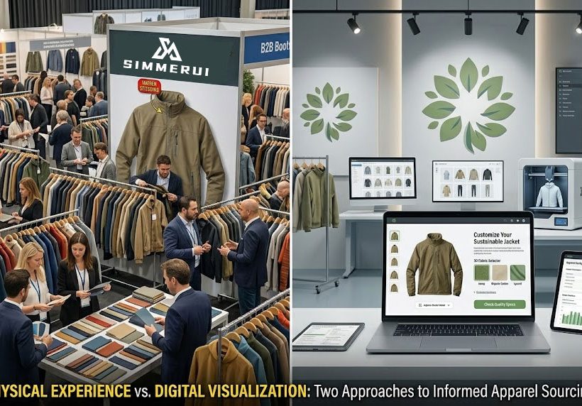 B2B apparel buyers exploring physical trade show booths and digital showrooms.