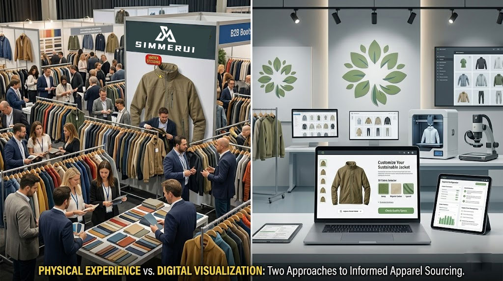 B2B apparel buyers exploring physical trade show booths and digital showrooms.