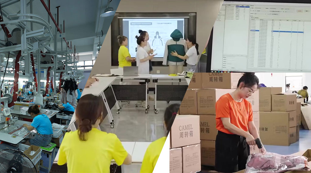 Apparel production team reviewing samples and quality assurance processes.