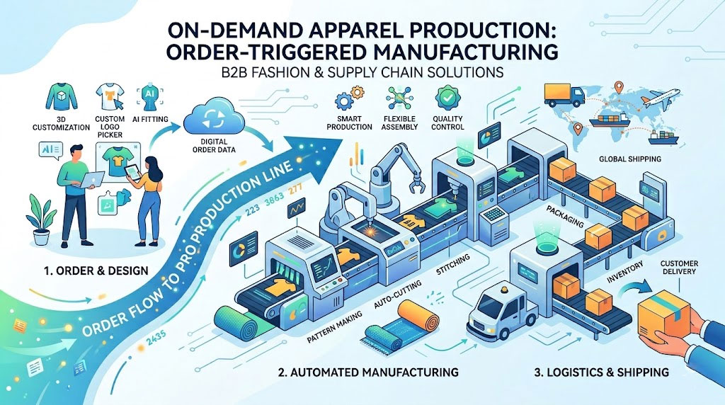 On-demand apparel production workflow in B2B fashion with order-triggered manufacturing and global shipping