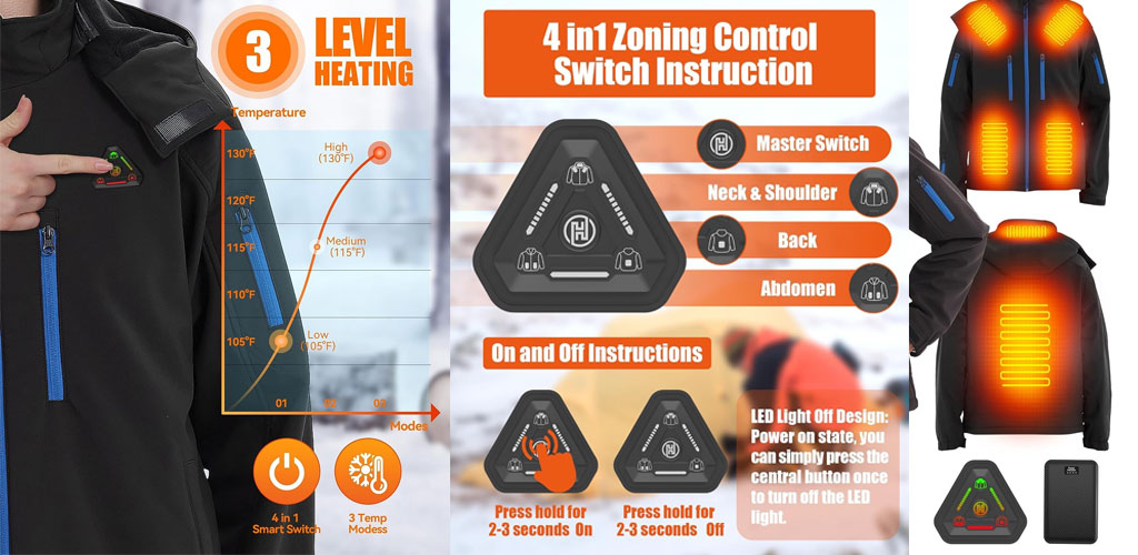 Smart textiles heated jacket controller guide with 3 heat levels and zone switch