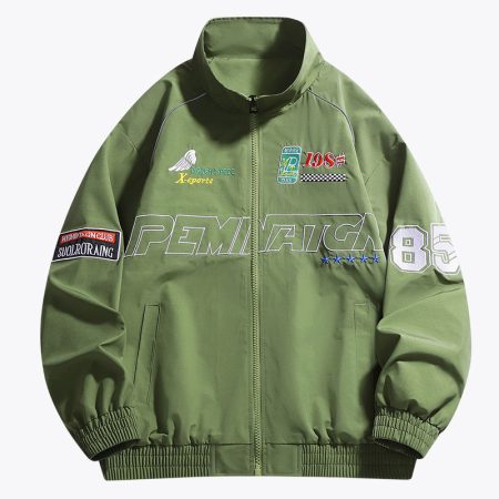 Simmerui men’s embroidery bomber jacket with racing patches, green