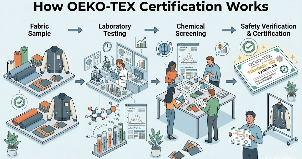 How OEKO-TEX certification works infographic showing fabric sample submission, lab testing, chemical screening, and OEKO-TEX Standard 100 safety verification.