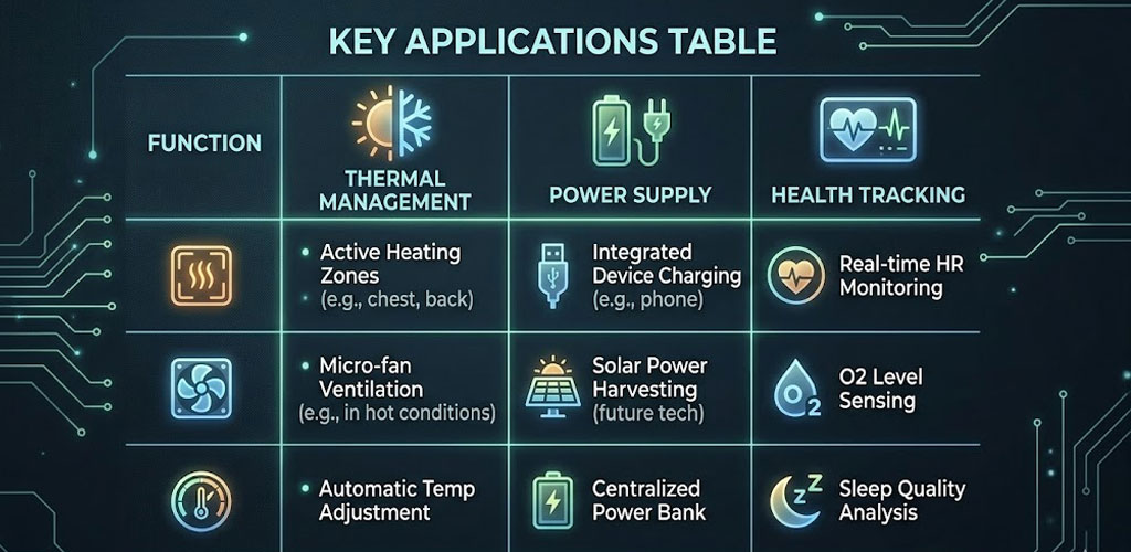 E-textiles wearable technology key applications table: thermal management, power supply, health tracking