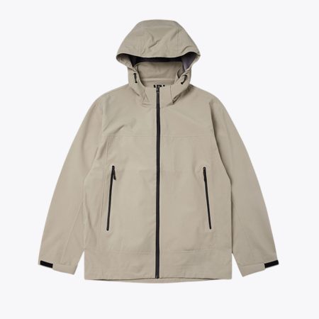 khaki DuPont triple protection outdoor jacket with hood, front view
