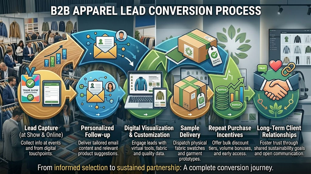Infographic showing B2B apparel lead capture and conversion workflow.