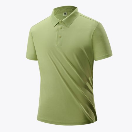 Front view of lime green quick dry polo shirt with short sleeves, smooth fabric, and classic collar.